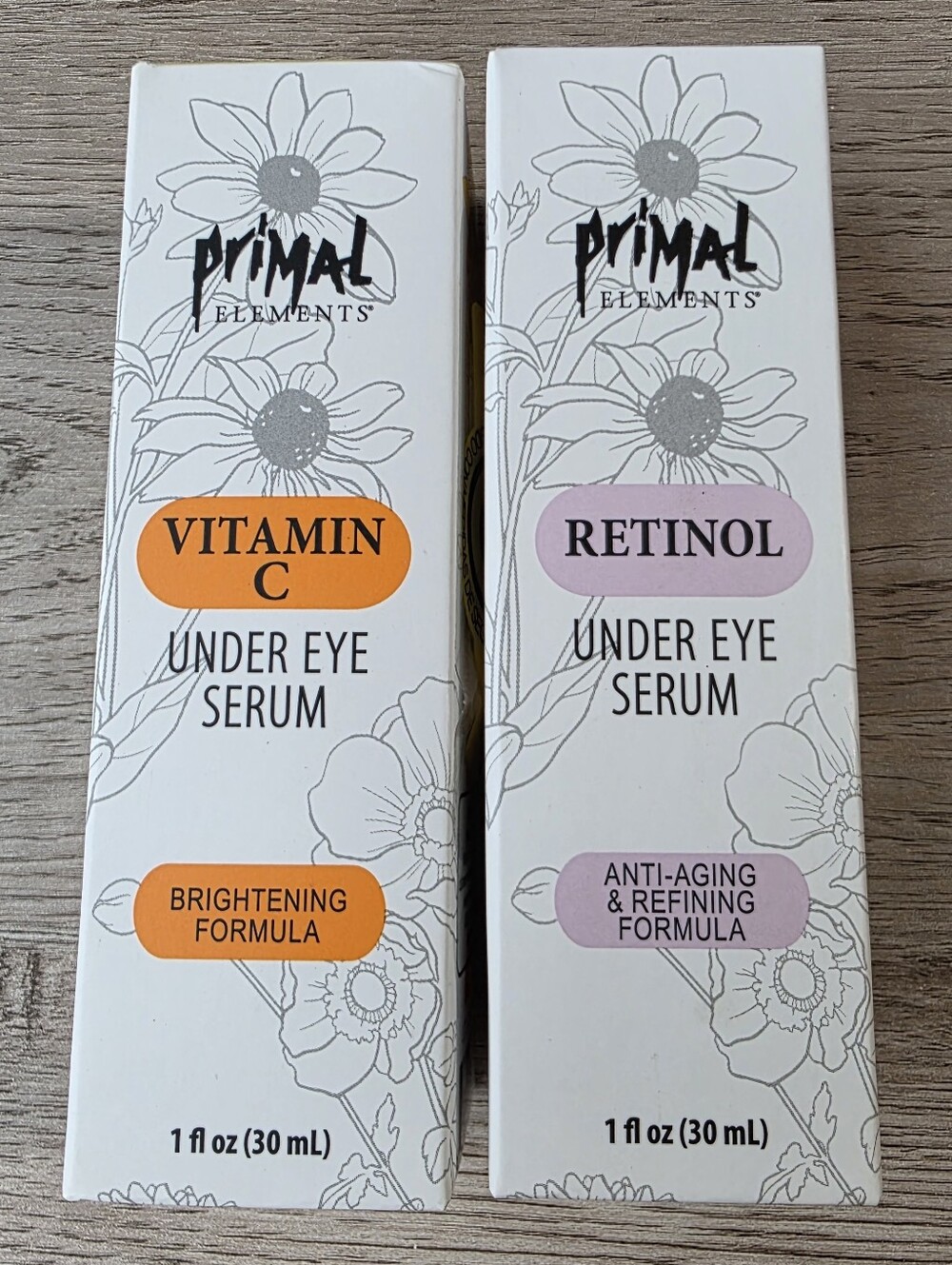 Primal Elements Under Eye Serum Set Vitamin C + Retinol 1 oz Each Brightening